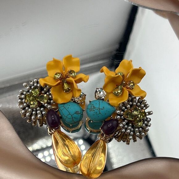 Vibrant Statement Floral Yellow Drop Earrings with Beaded Details - Picture 6 of 8